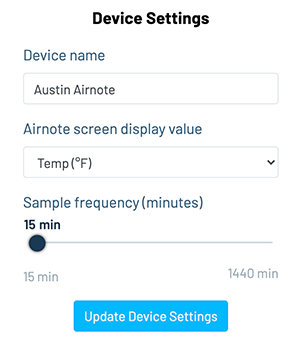 Image of the device settings section of the Airnote landing page